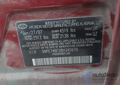 2008 Hyundai Sonata Gls z USA, uszkodzony, nr VIN 5NPET46F28H345979